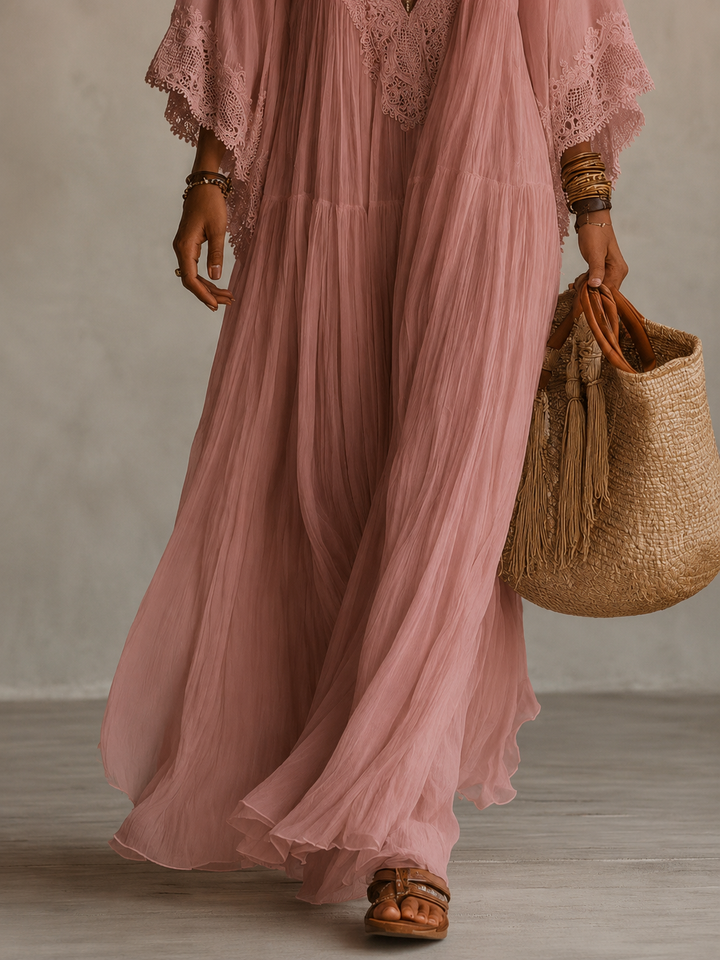 Celeste | Abito lungo in chiffon avorio e pizzo