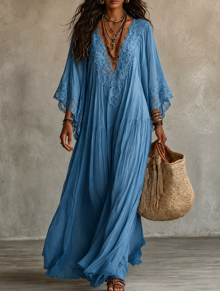 Celeste | Abito lungo in chiffon avorio e pizzo