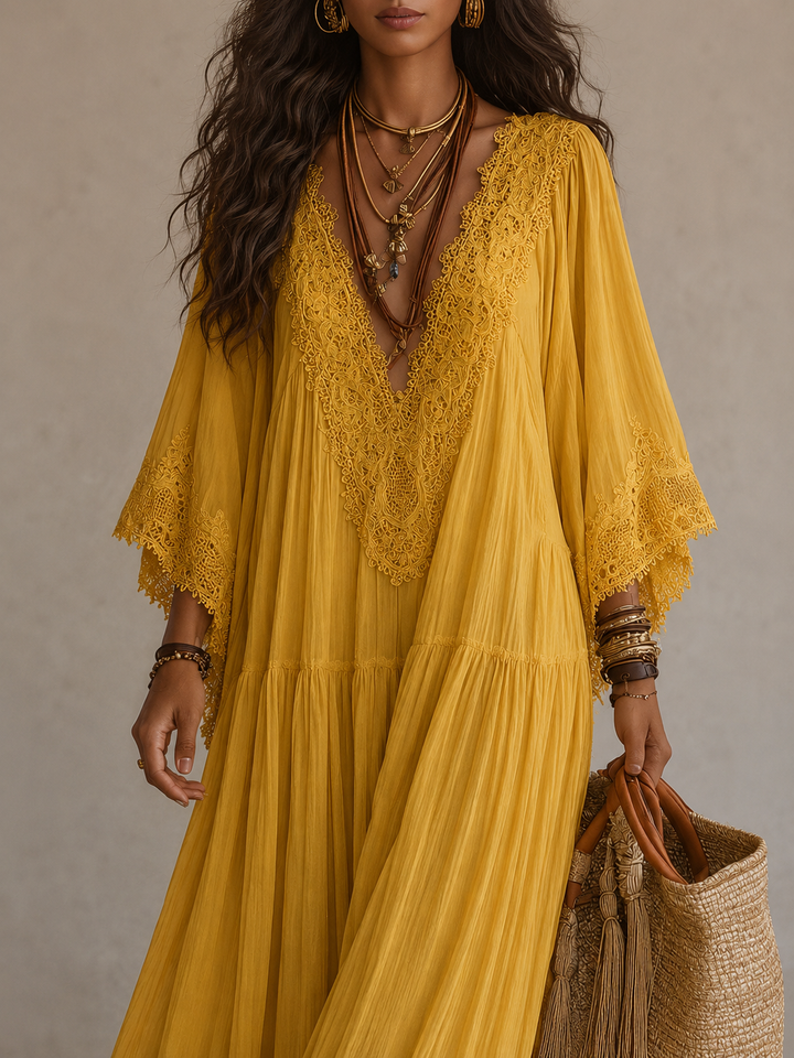 Celeste | Abito lungo in chiffon avorio e pizzo