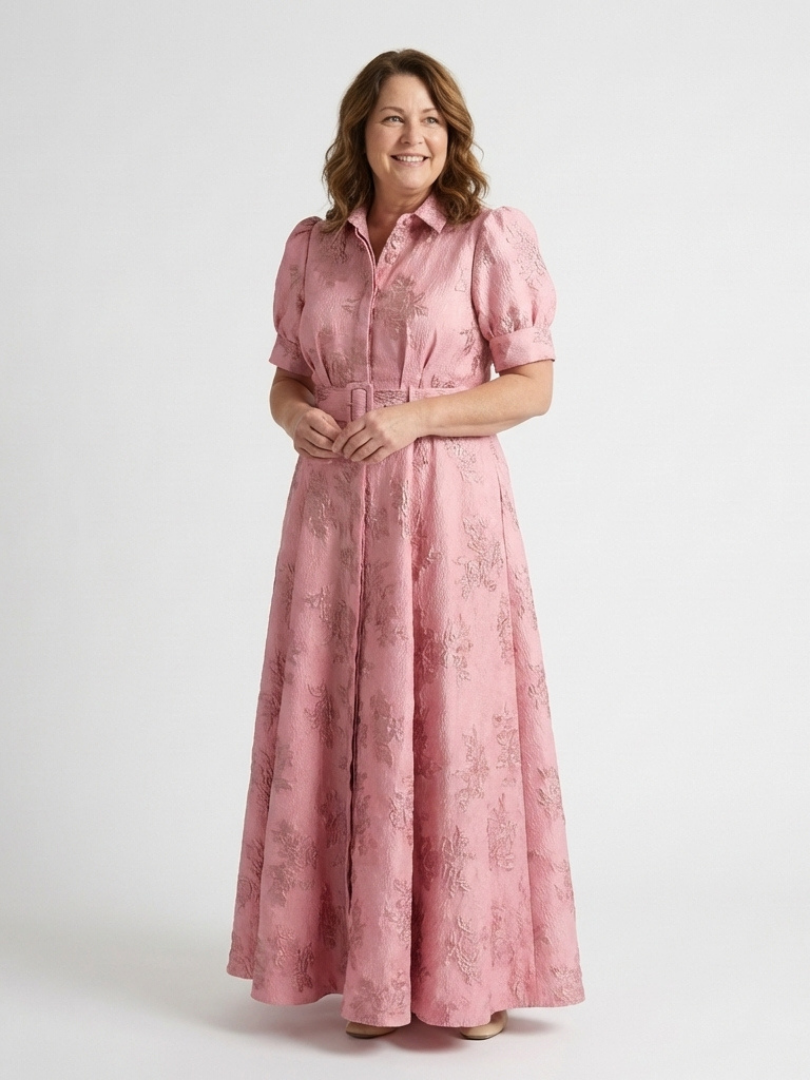 Xanthea | Abito Camicia Maxi Floral Texturizzato con Maniche Corte e Cintura