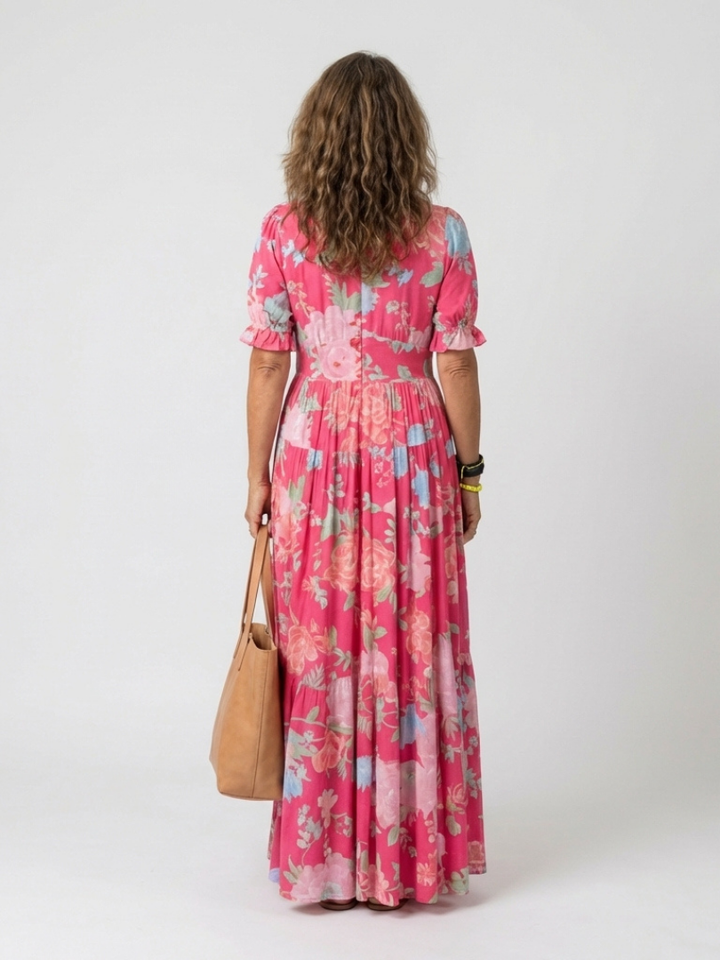 Ione | Abito midi floreale a maniche corte e scollatura a V
