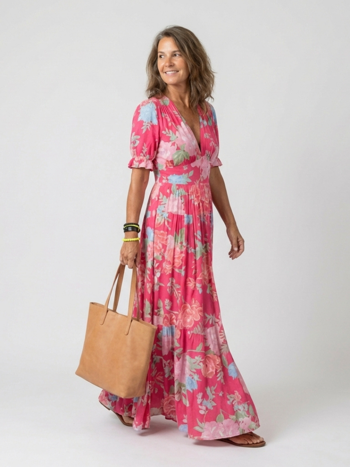 Ione | Abito midi floreale a maniche corte e scollatura a V