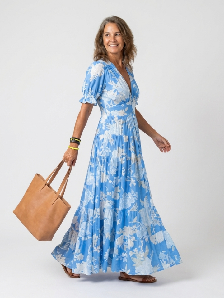 Ione | Abito midi floreale a maniche corte e scollatura a V