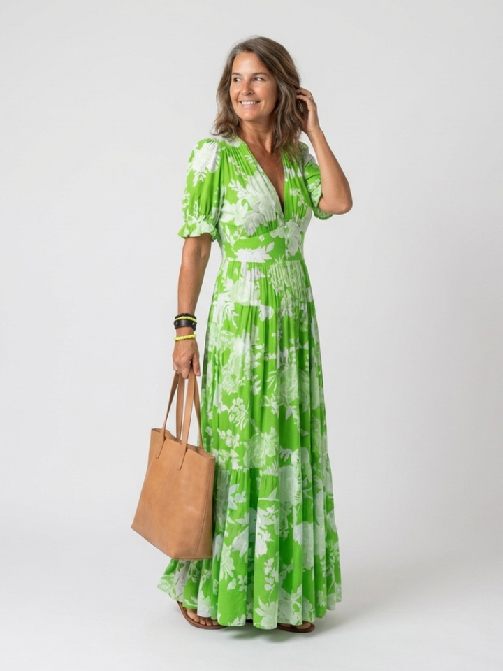 Ione | Abito midi floreale a maniche corte e scollatura a V
