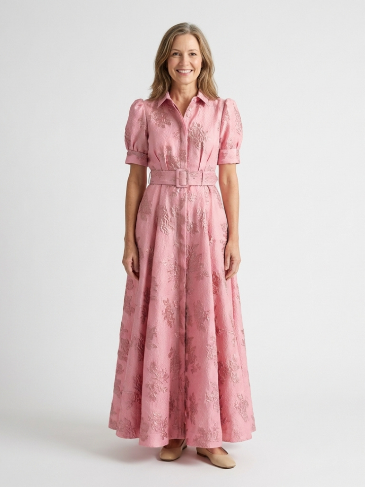 Xanthea | Abito Camicia Maxi Floral Texturizzato con Maniche Corte e Cintura