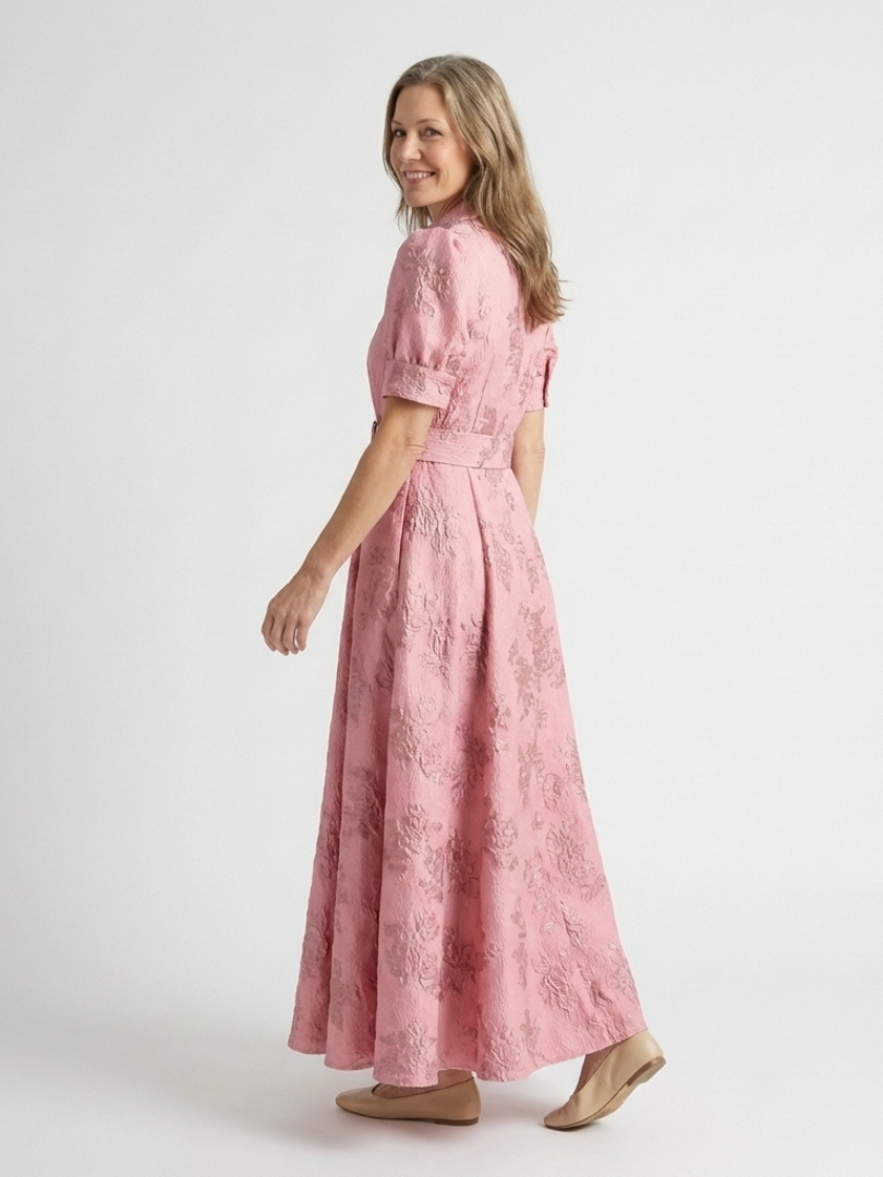 Xanthea | Abito Camicia Maxi Floral Texturizzato con Maniche Corte e Cintura