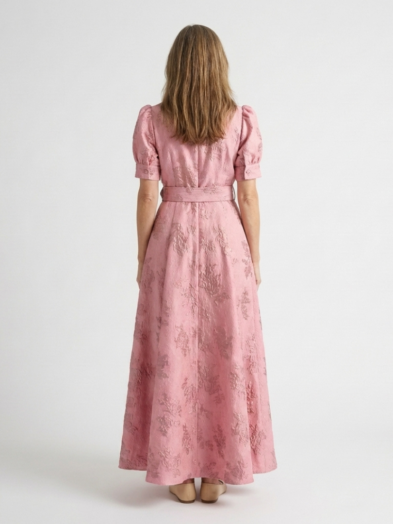 Xanthea | Abito Camicia Maxi Floral Texturizzato con Maniche Corte e Cintura