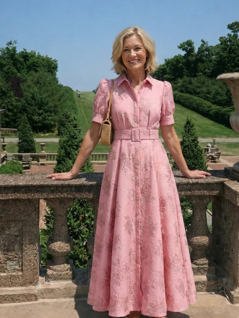 Xanthea | Abito Camicia Maxi Floral Texturizzato con Maniche Corte e Cintura