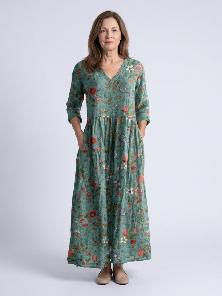 Marina | Abito Maxi a V Fiori con Maniche a Tre Quarti