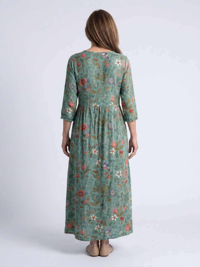Marina | Abito Maxi a V Fiori con Maniche a Tre Quarti
