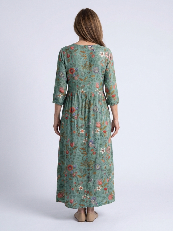 Marina | Abito Maxi a V Fiori con Maniche a Tre Quarti