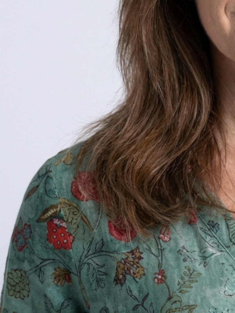 Marina | Abito Maxi a V Fiori con Maniche a Tre Quarti