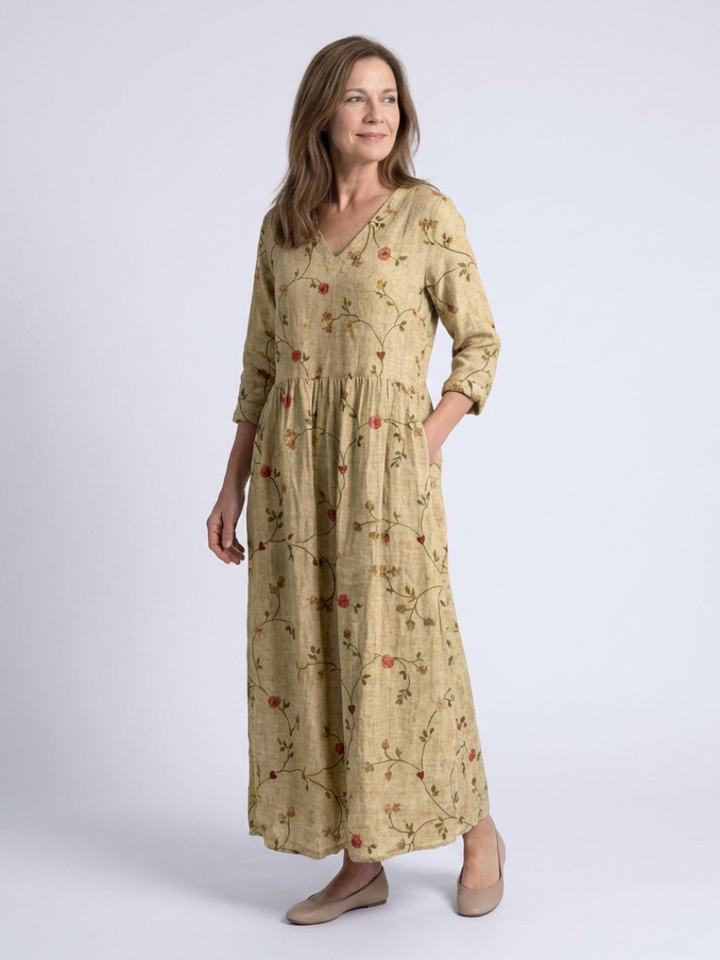 Marina | Abito Maxi a V Fiori con Maniche a Tre Quarti