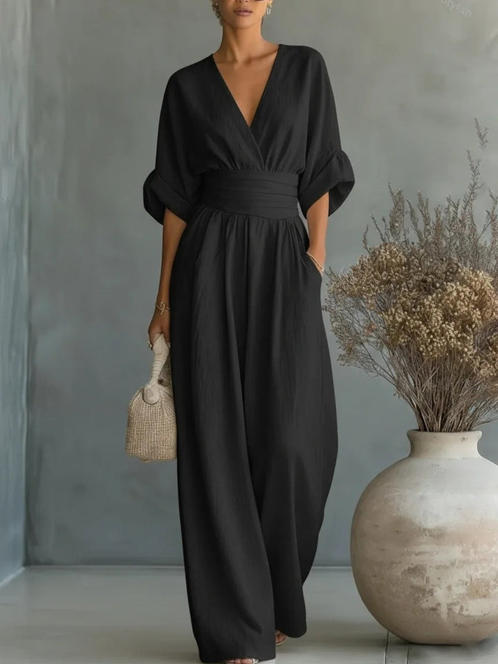 Abito Elegante a V, Schiena Nuda e Maniche Fluide