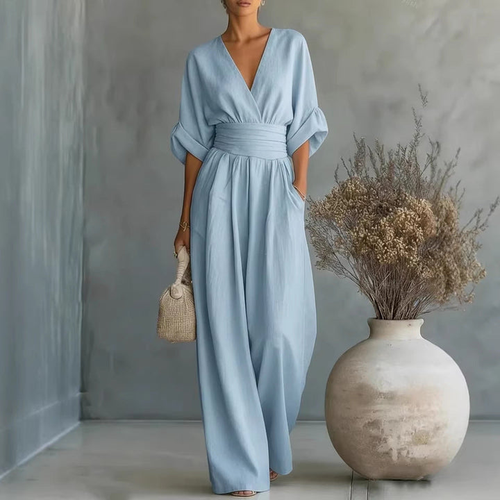 Abito Elegante a V, Schiena Nuda e Maniche Fluide
