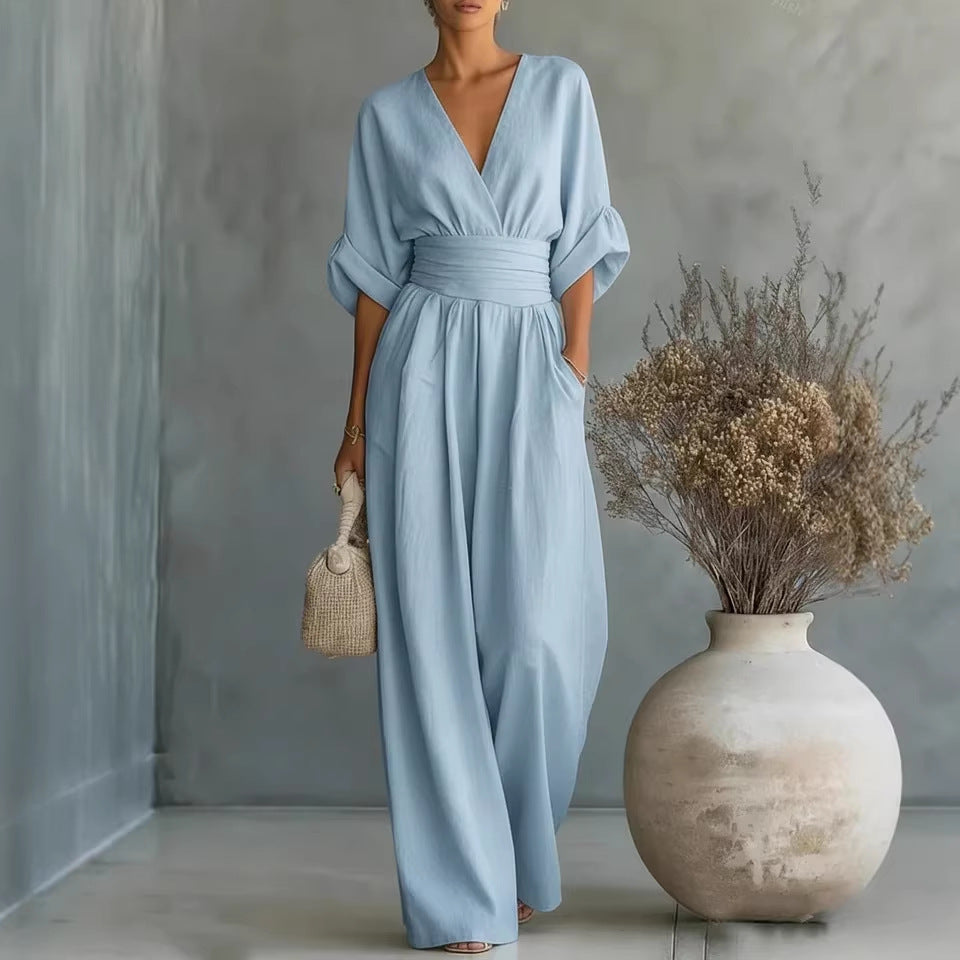 Abito Elegante a V, Schiena Nuda e Maniche Fluttuanti