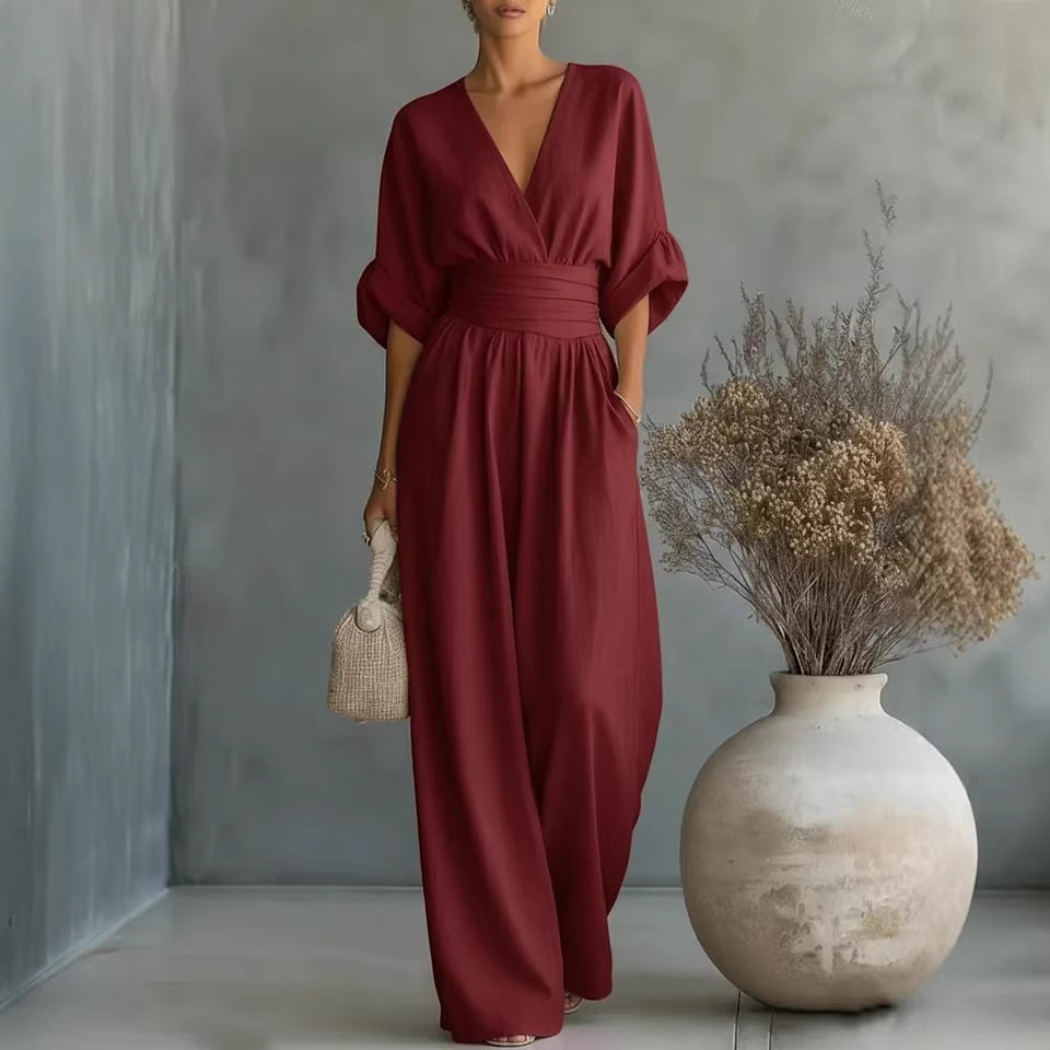 Abito Elegante a V, Schiena Nuda e Maniche Fluttuanti