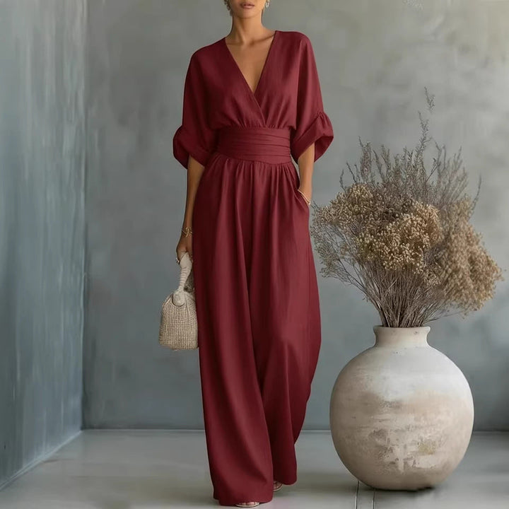 Abito Elegante a V, Schiena Nuda e Maniche Fluttuanti