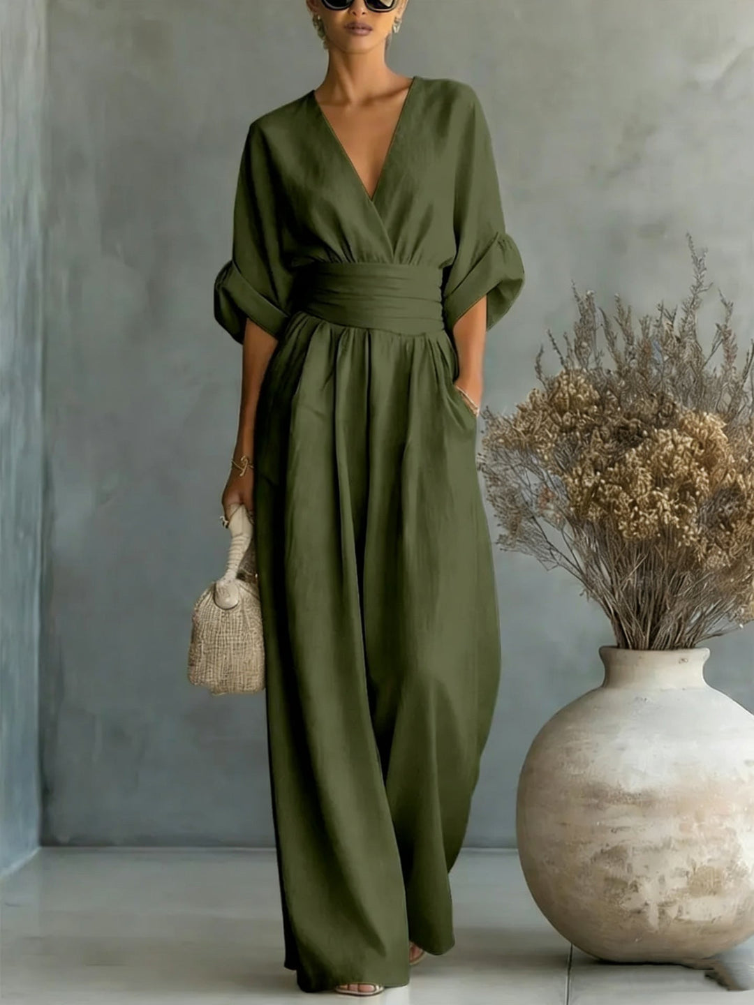 Abito Elegante a V, Schiena Nuda e Maniche Fluide