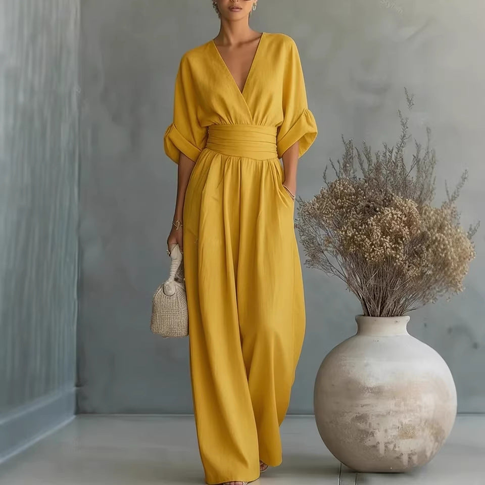Abito Elegante a V, Schiena Nuda e Maniche Fluide