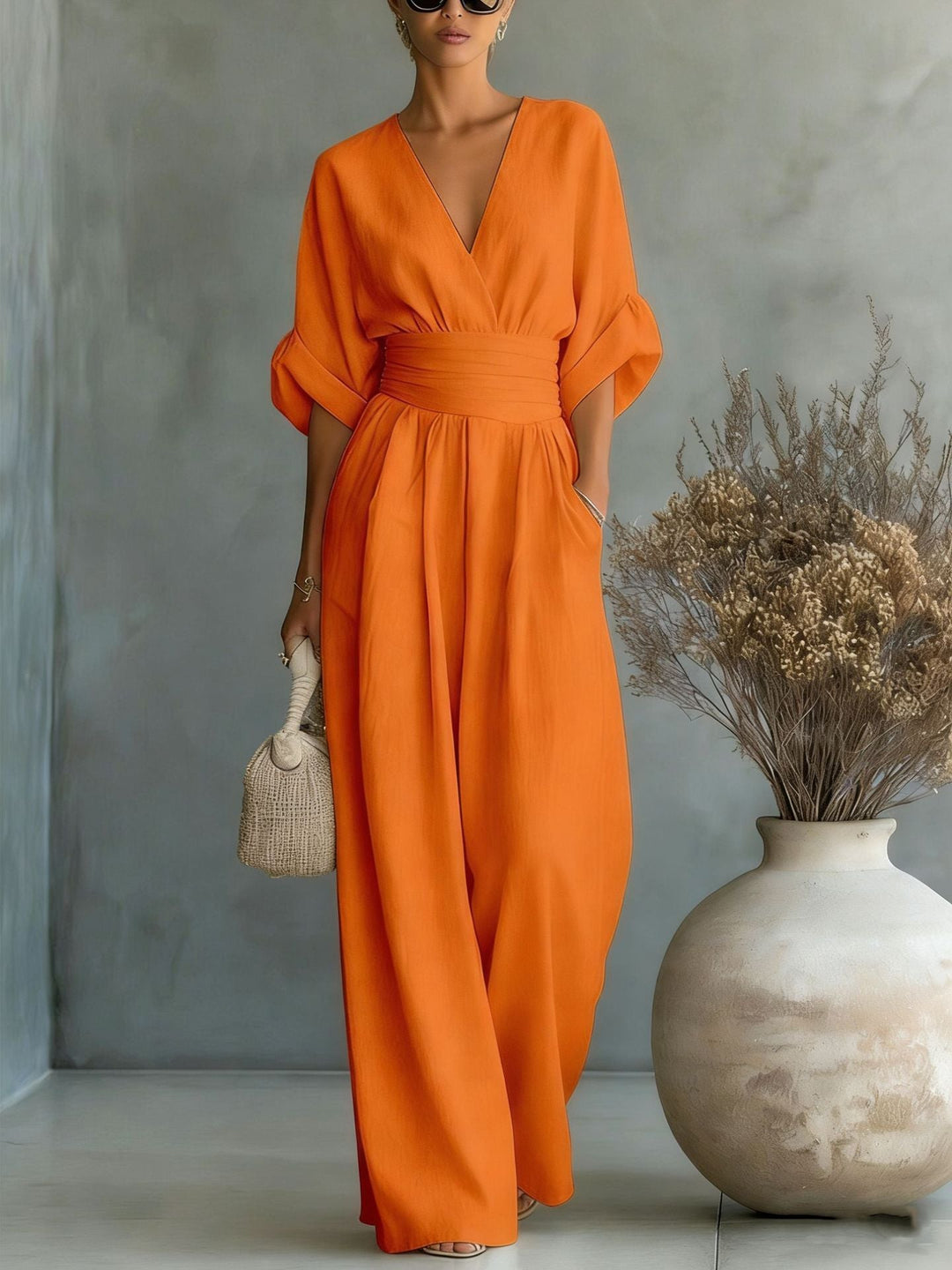 Abito Elegante a V, Schiena Nuda e Maniche Fluide