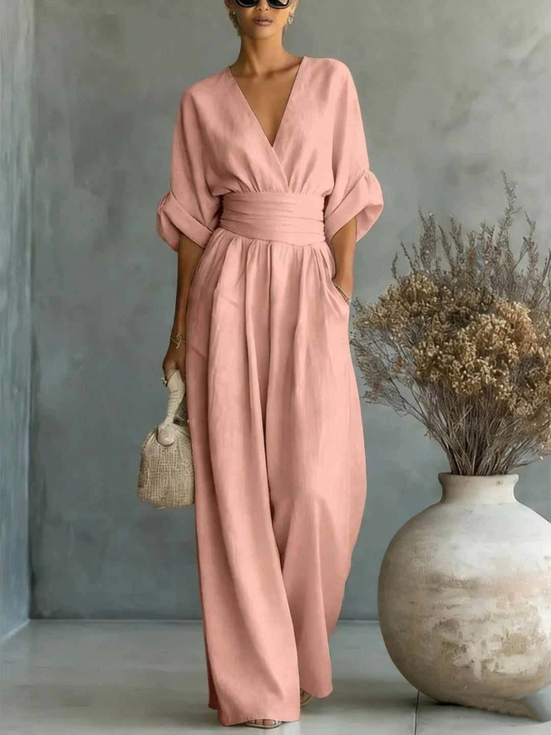 Abito Elegante a V, Schiena Nuda e Maniche Fluide