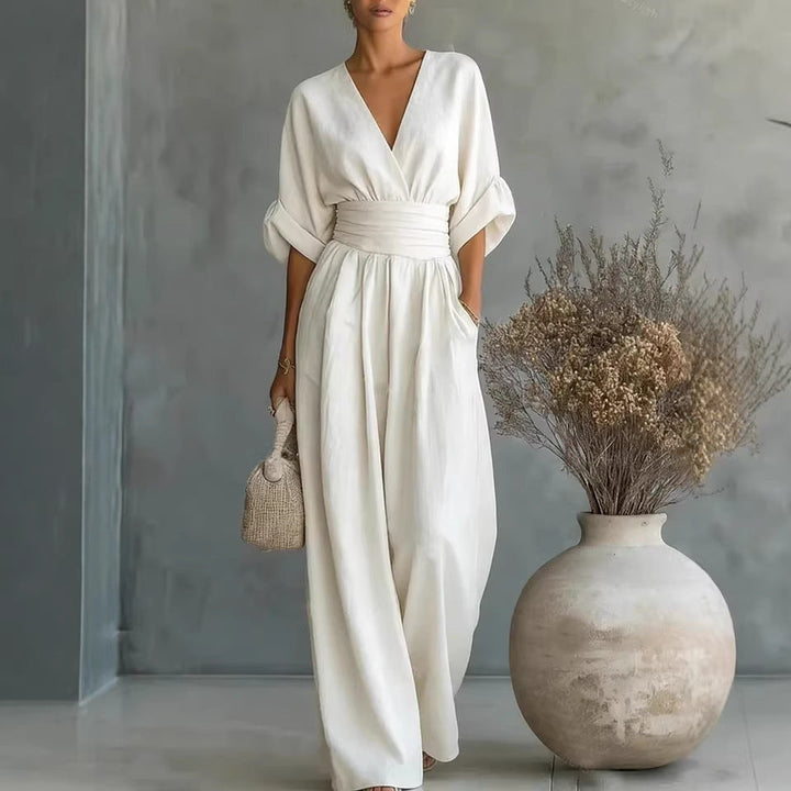 Abito Elegante a V, Schiena Nuda e Maniche Fluttuanti
