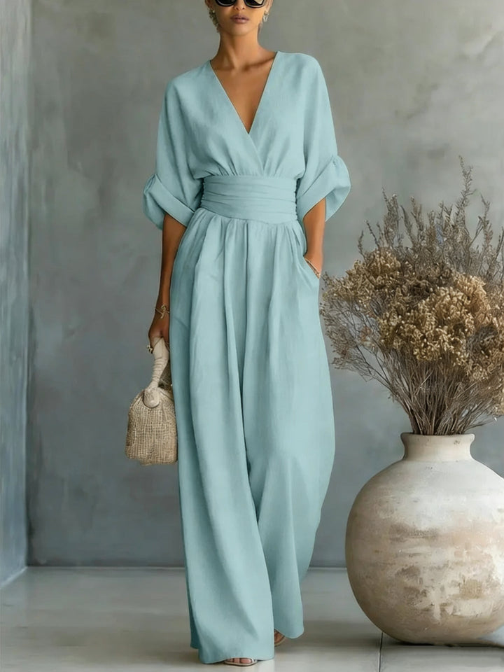 Abito Elegante a V, Schiena Nuda e Maniche Fluide