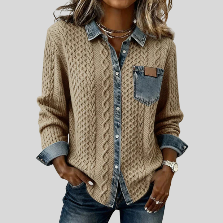 AMBRA - Top in Maglia Patchwork con Dettagli Denim