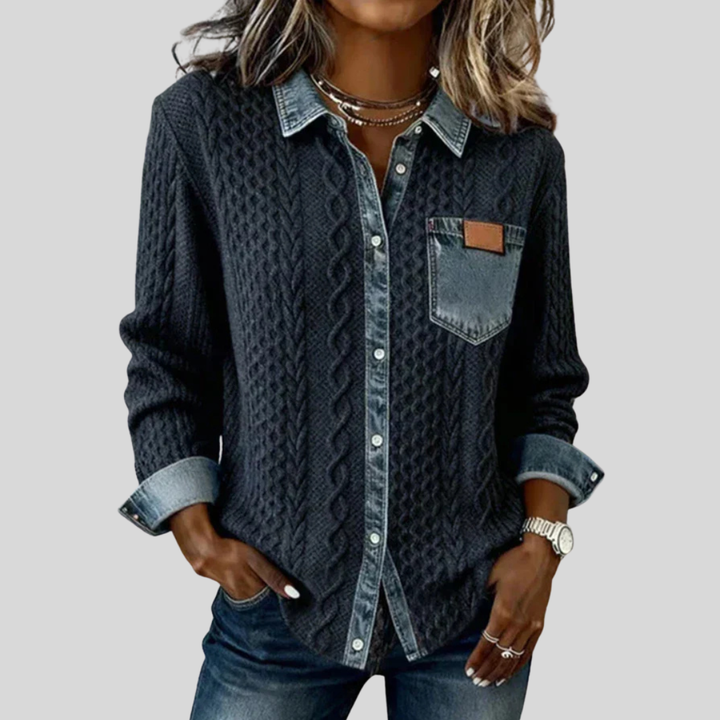 AMBRA - Top in Maglia Patchwork con Dettagli Denim