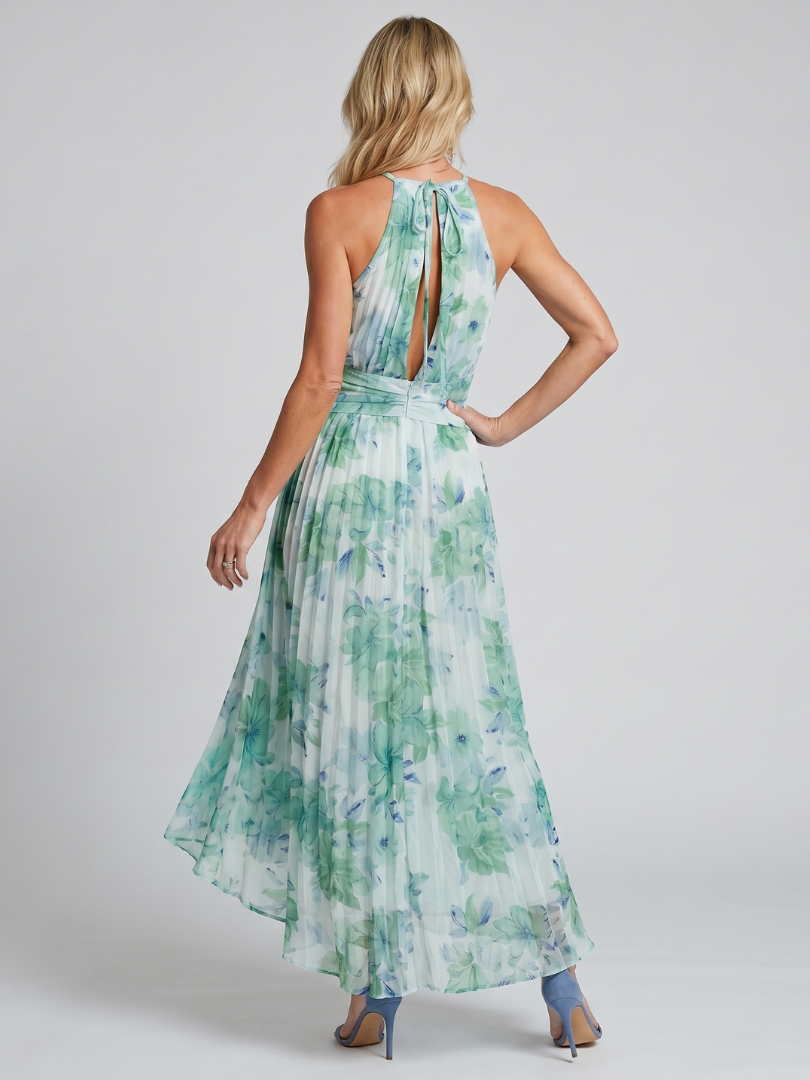 Robe Midi Portia in Crepe Plissé con Collo Halter e Stampa Floreale
