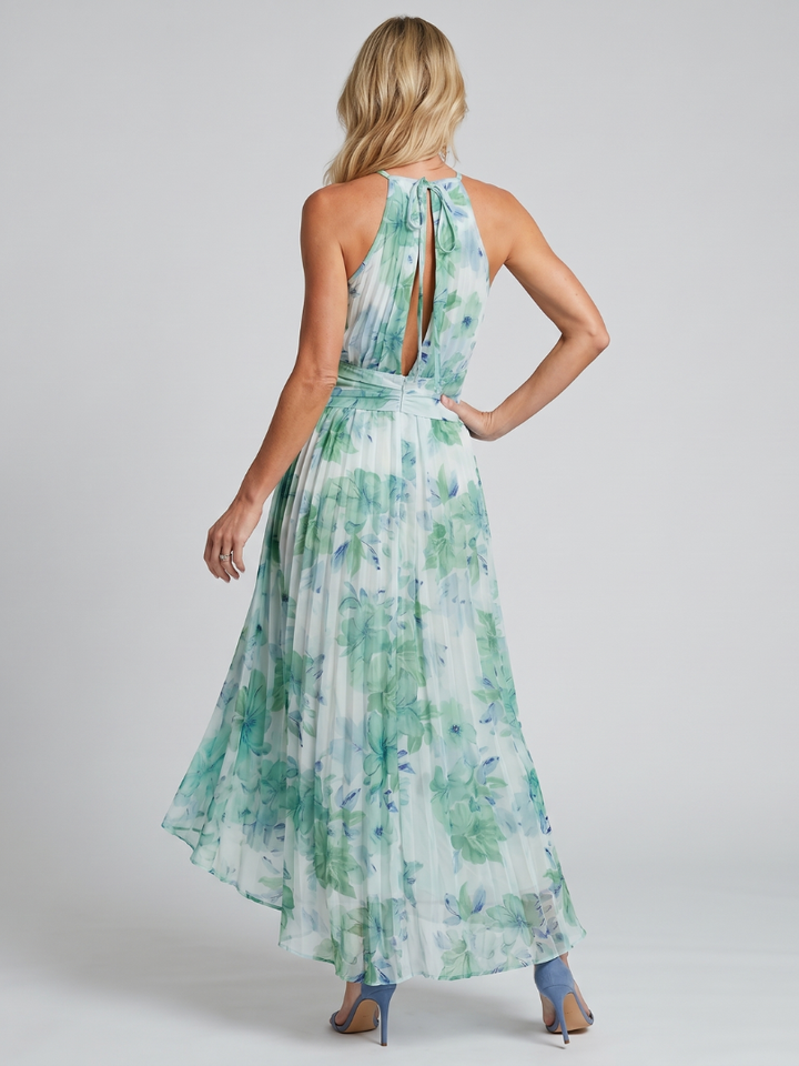 Abito Midi Portia in Crepe Plissé con Collo Halter e Stampa Floreale