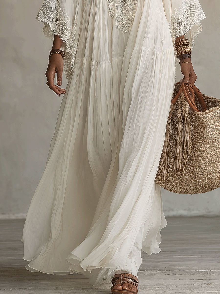Celeste | Abito lungo in chiffon avorio e pizzo