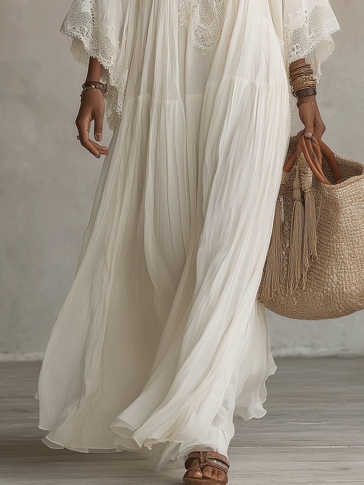 Celeste | Abito lungo in chiffon avorio e pizzo
