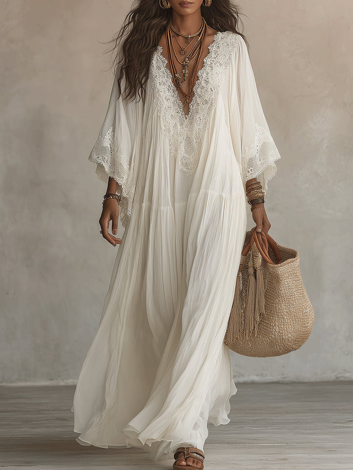 Celeste | Abito lungo in chiffon avorio e pizzo