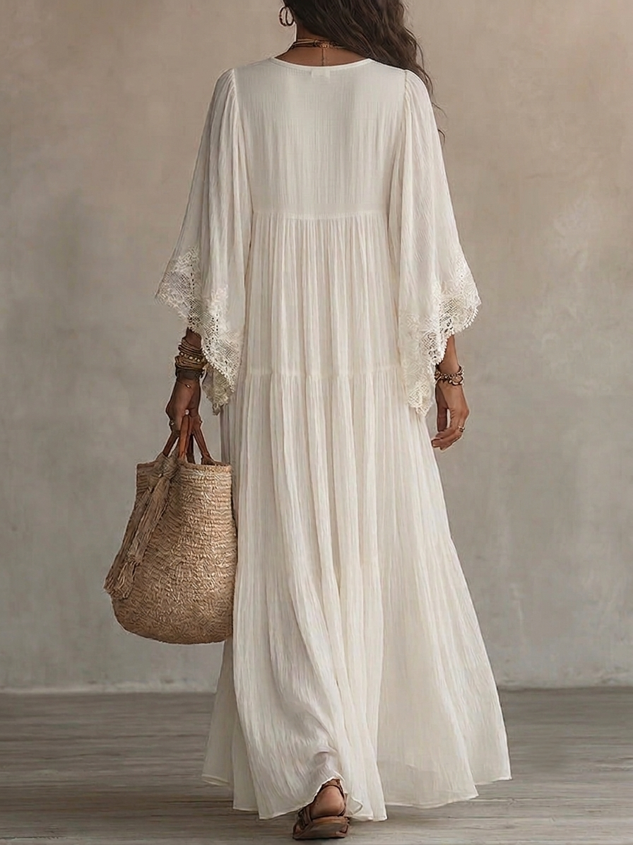 Celeste | Abito lungo in chiffon avorio e pizzo