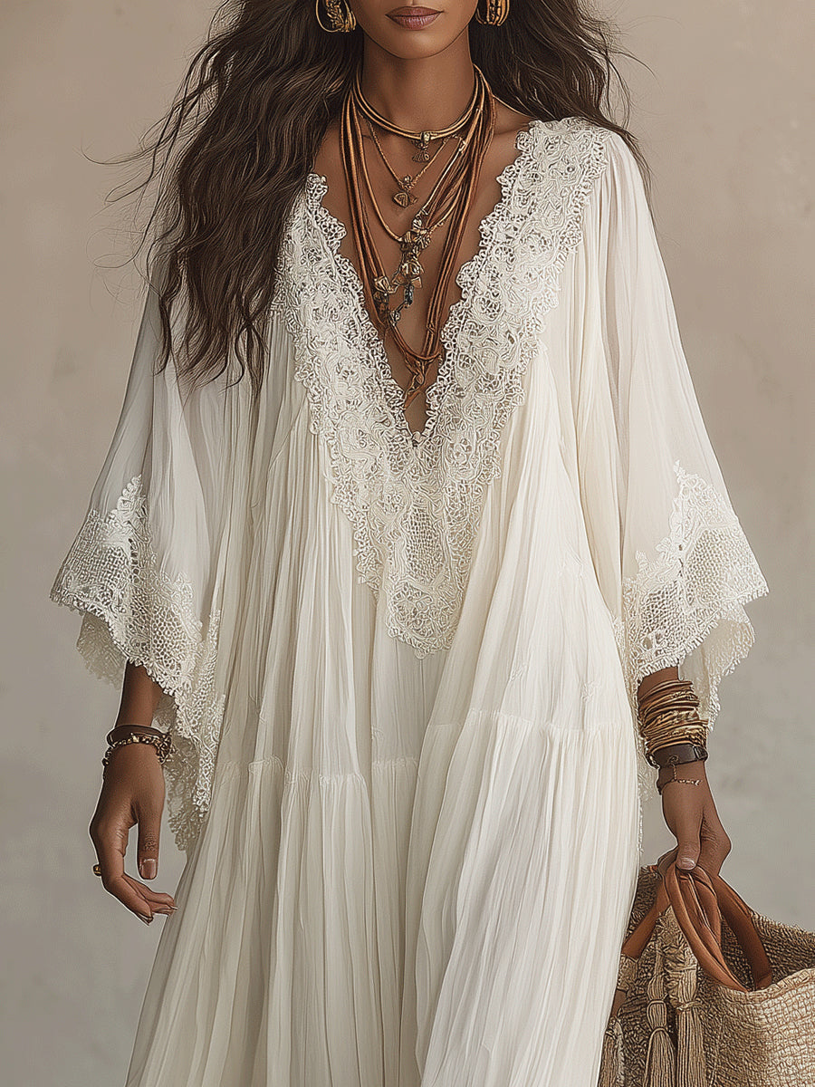 Celeste | Abito lungo in chiffon avorio e pizzo
