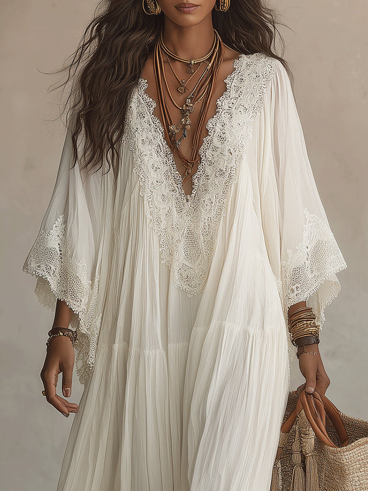 Celeste | Abito lungo in chiffon avorio e pizzo