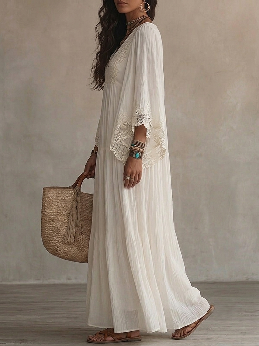 Celeste | Abito lungo in chiffon avorio e pizzo