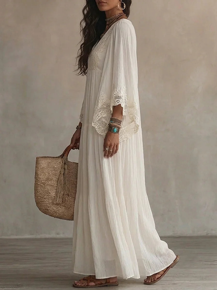 Celeste | Abito lungo in chiffon avorio e pizzo