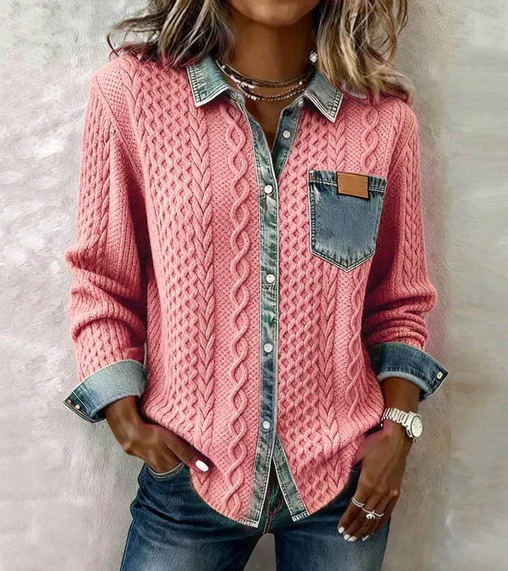 AMBRA - Top in Maglia Patchwork con Dettagli Denim