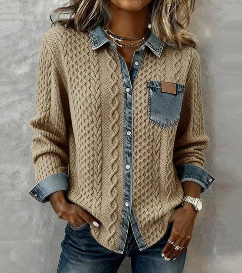 AMBRA - Top in Maglia Patchwork con Dettagli Denim