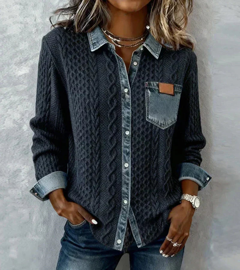 AMBRA - Top in Maglia Patchwork con Dettagli Denim