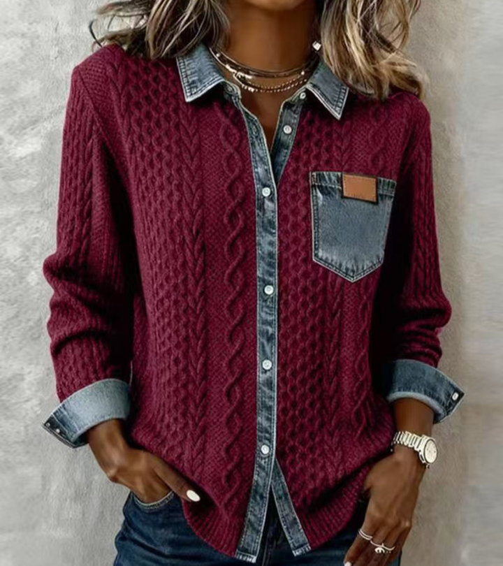 AMBRA - Top in Maglia Patchwork con Dettagli Denim