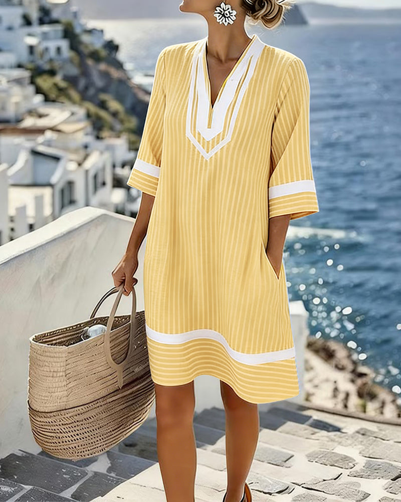 Klara | Vestito a Maniche Corte a Righe con Scollo a V
