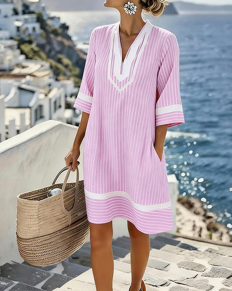Klara | Vestito a Maniche Corte a Righe con Scollo a V