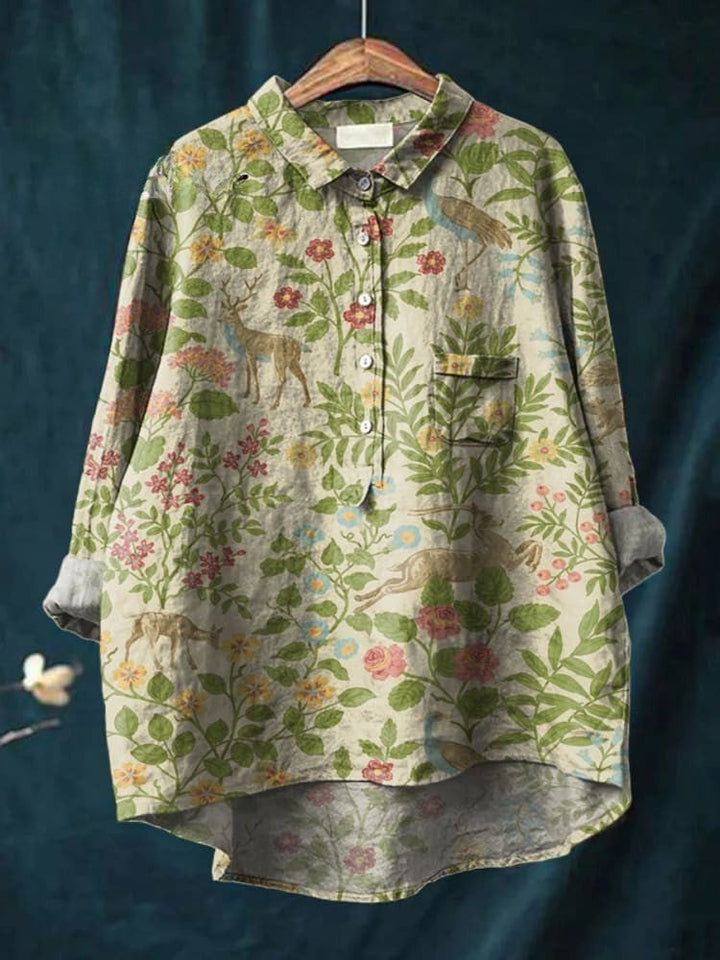 Dámská Vintage Květinová Zvířecí Umělecká Tisková Pohodlná Lněná Košile