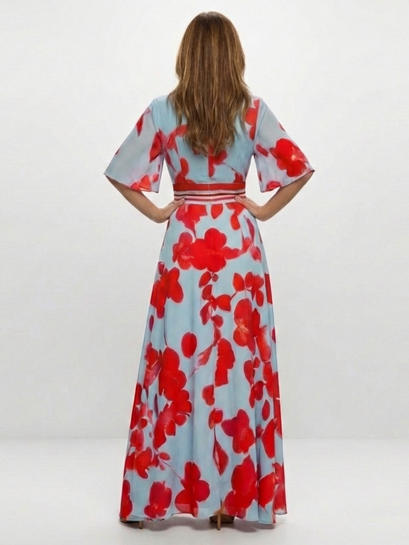Corinne | Abito Maxi Floreale con Scollo a V e Maniche Corte