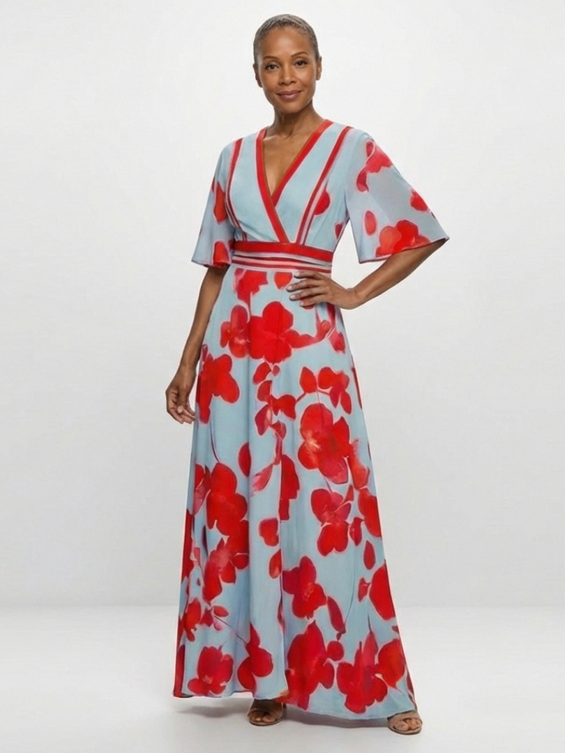 Corinne | Abito Maxi Floreale con Scollo a V e Maniche Corte