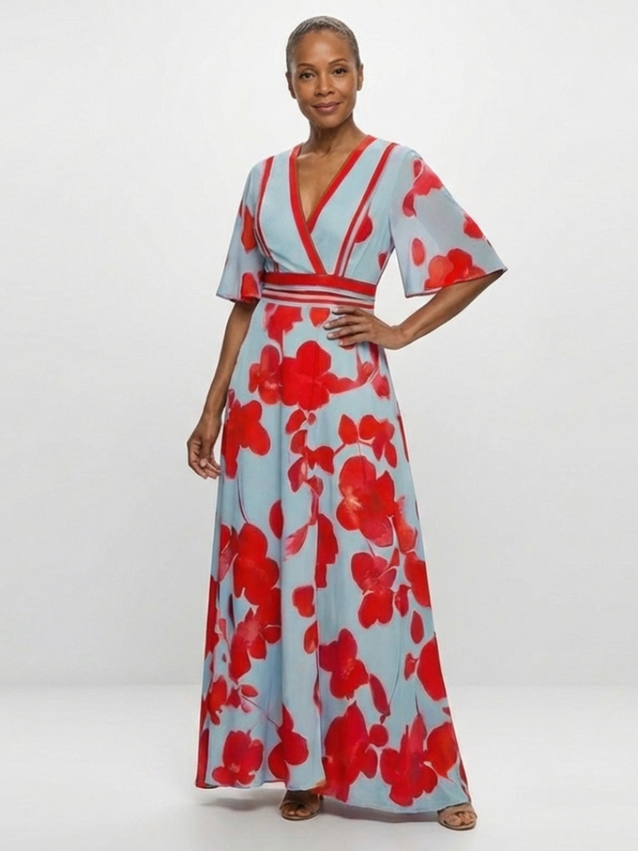 Corinne | Abito Maxi Floreale con Scollo a V e Maniche Corte